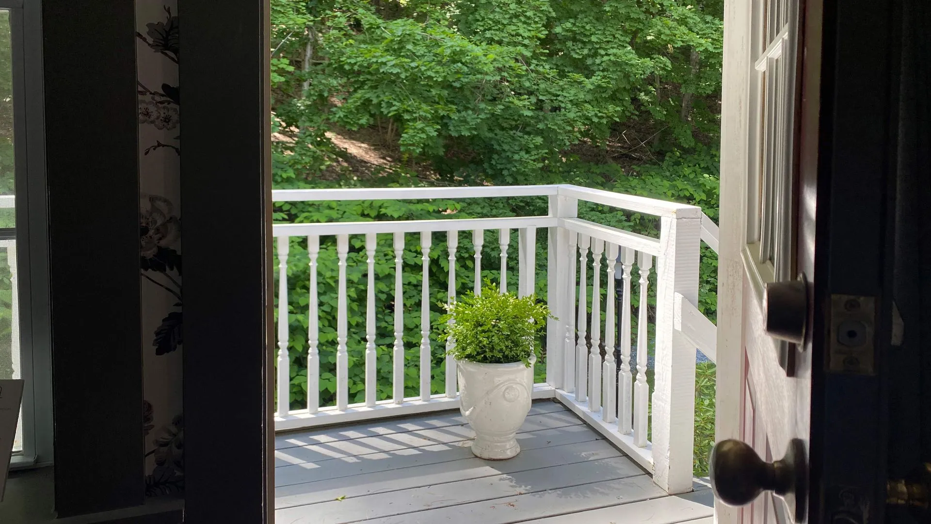 Open door leading to a balcony with a white railing and a potted plant.