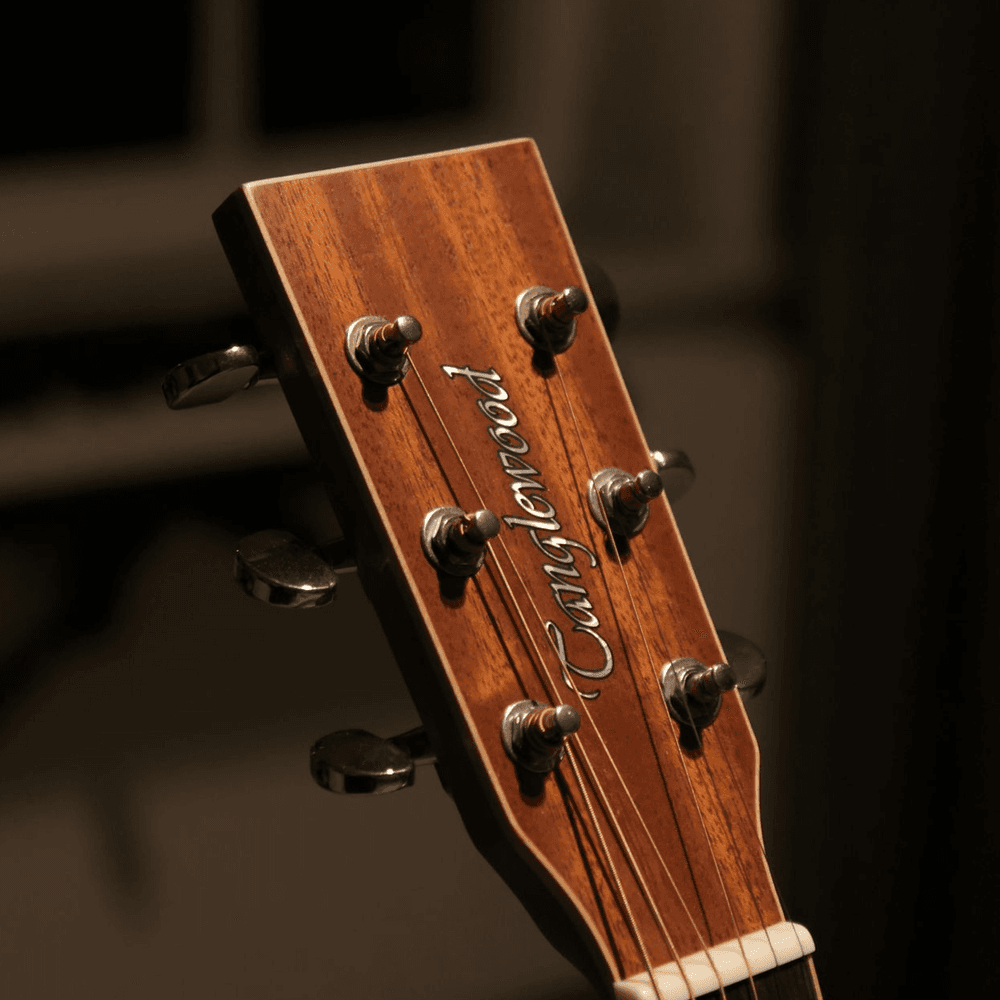 Close-up of a guitar headstock featuring the brand name "Tanglewood."